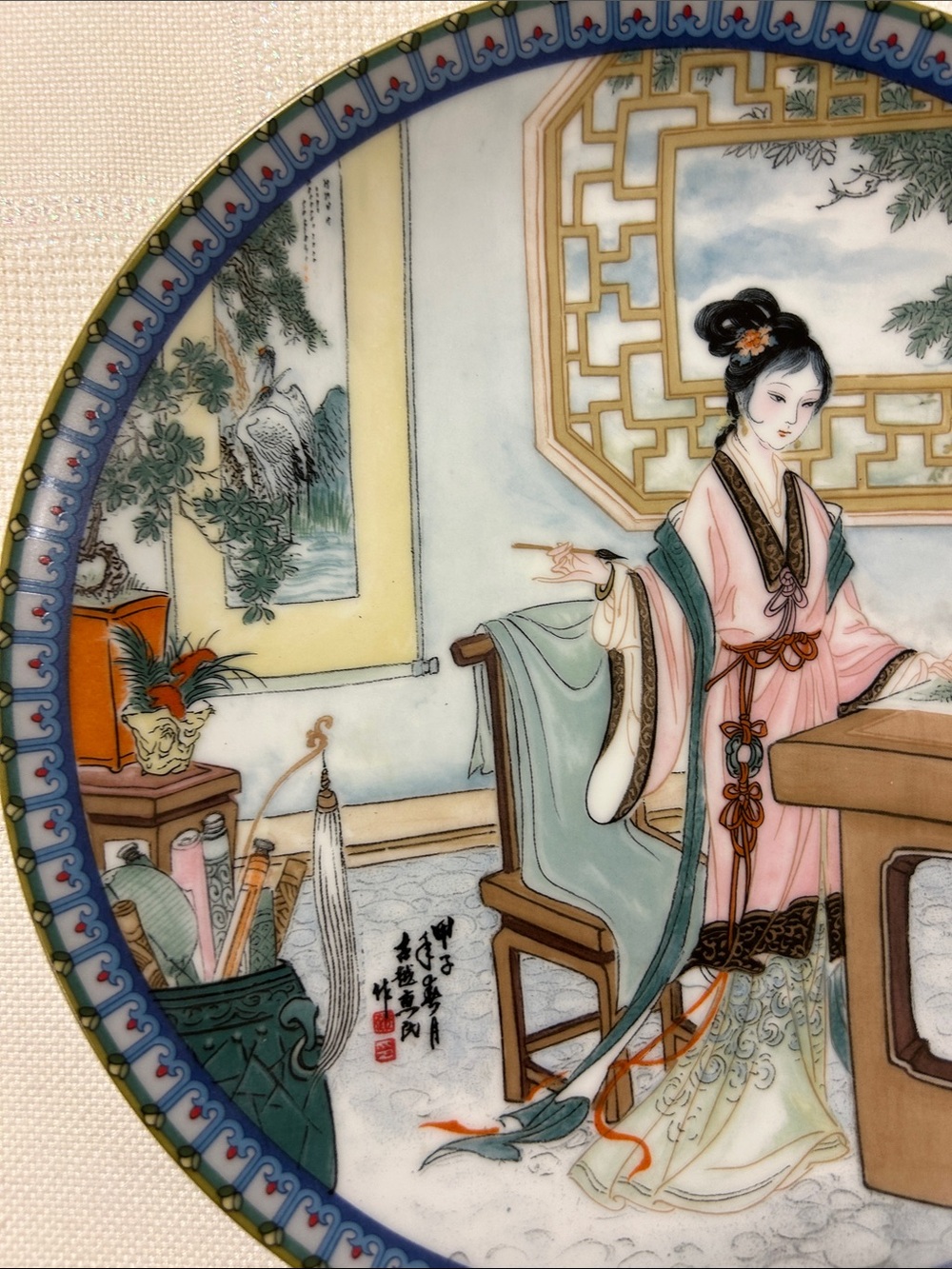 Decorative Porcelain Plate with Traditional Lady Scene - Pink & Green Hsi-chun image 3